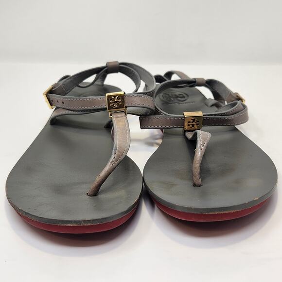 Tory Burch Women Gray Leather T Strap Thong Sandal Size 7.5M Gold Tone Logo - Picture 6 of 10